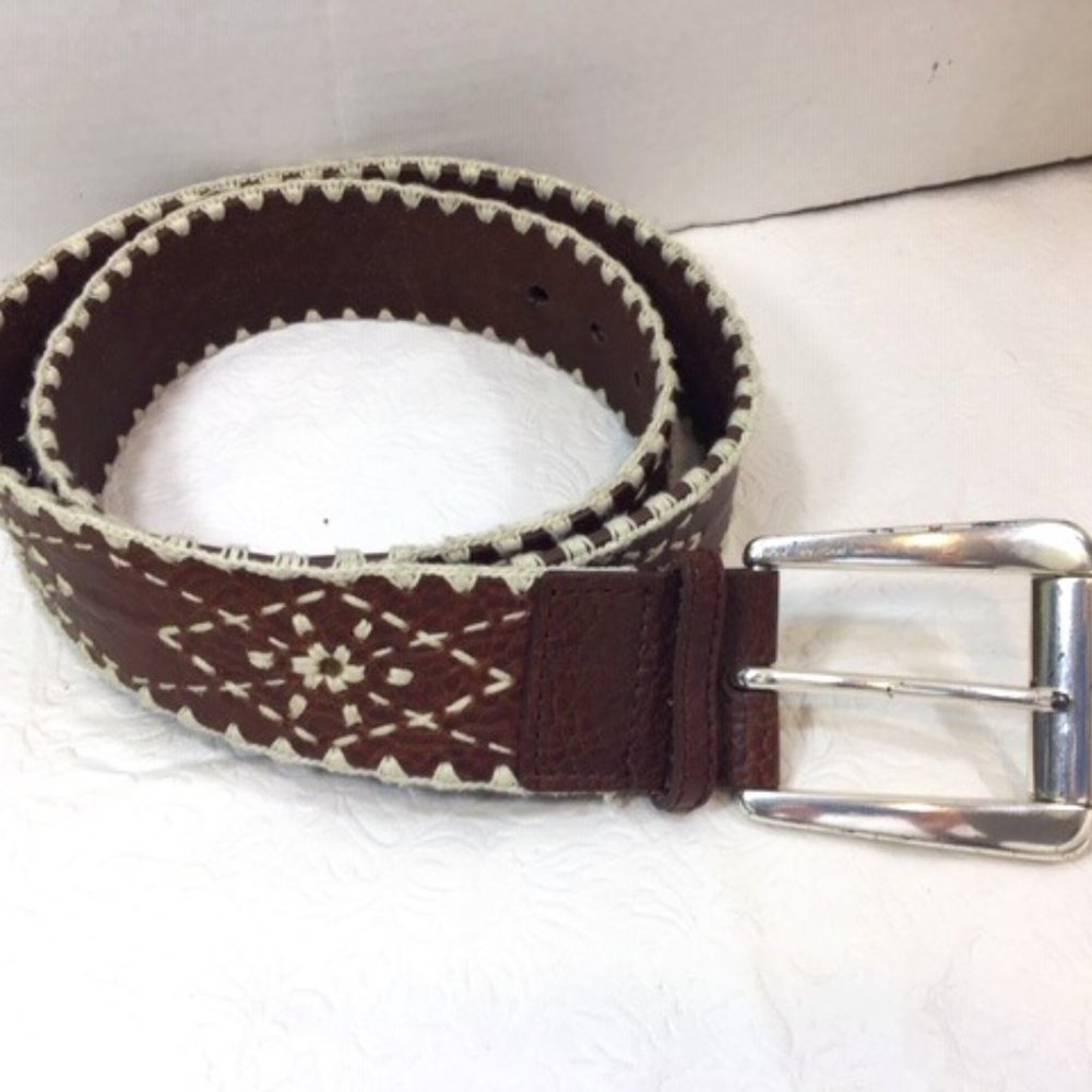 Michael Kors Brown Leather Stitched Floral Belt Wide XLG
